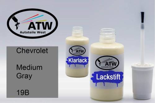 Chevrolet, Medium Gray, 19B: 20ml Lackstift + 20ml Klarlack - Set, von ATW Autoteile West.